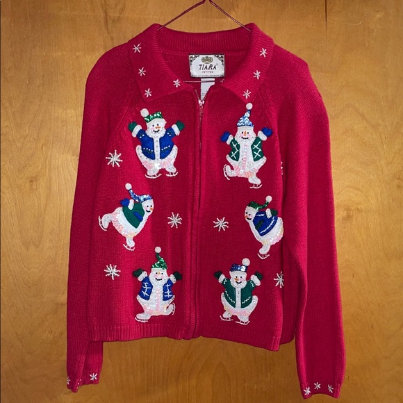 Tiara Sweaters - Tiara Festive Red Snowman Santa Sweater Ugly Christmas Sweater Sequins